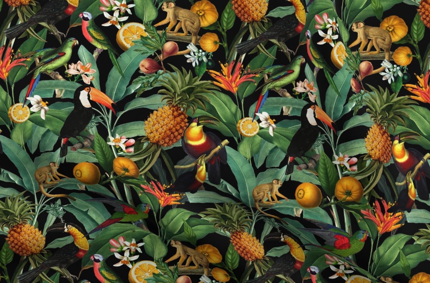 Spoonflower Fabric - Nature Botanical Tropical Toucans Monkeys Parrots Printed on Petal Signature Cotton Fabric by The Yard - Sewing Quilting Apparel Crafts Decor