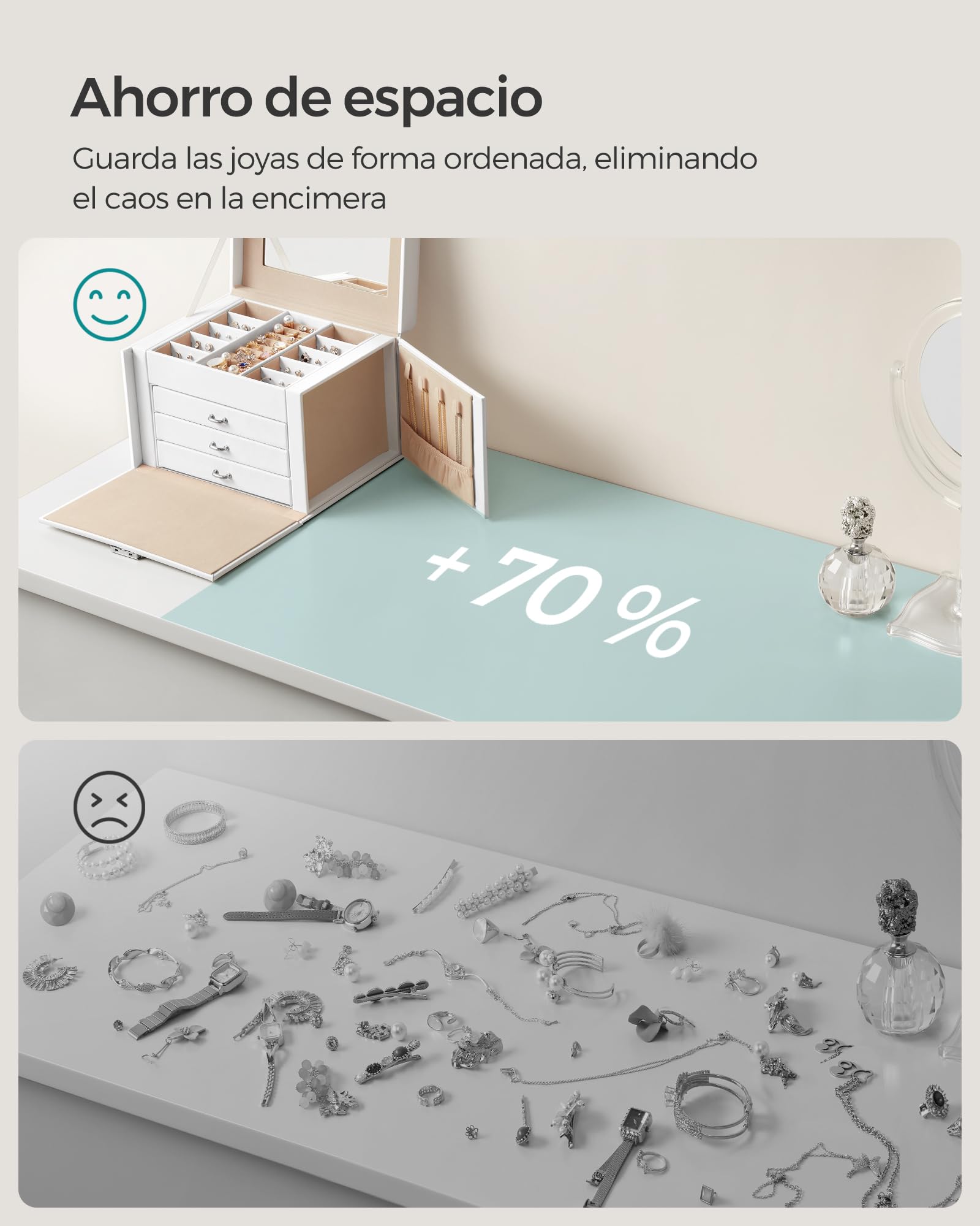 SONGMICS Caja Joyero de 4 Niveles con Asa, 3 Cajones, Espejo, Cerradura, Blanco Nube y Beige Arena JBC159W01