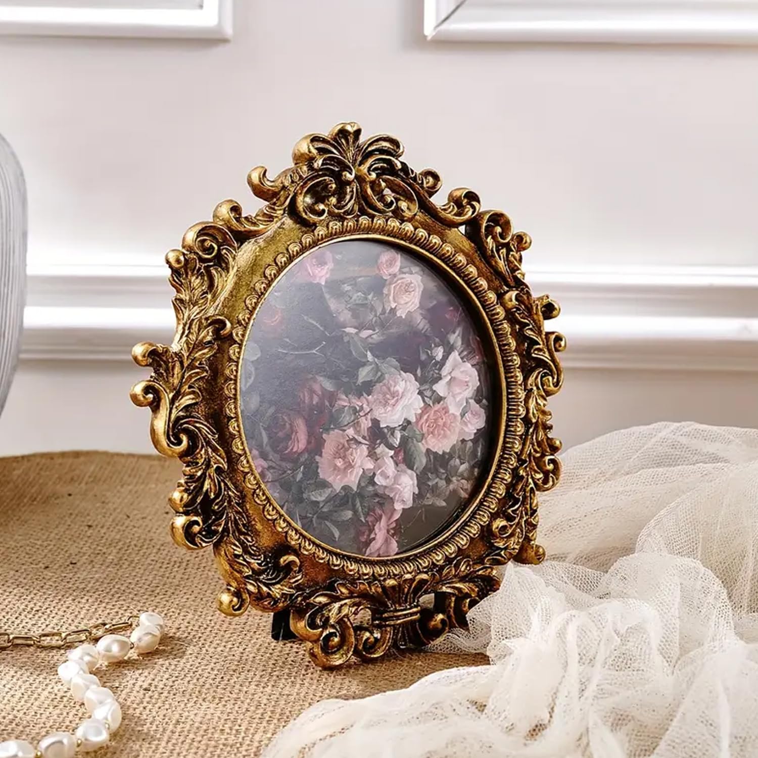 Nostrae by Ekhasa Elegant Vintage Round Photo Frame with Glass | 3.5 Inch Resin Embossed Ornate Circular Picture Frame | Multi-Utility Table & Wall Use | Antique Style Frame Gift for Home Decor-image-27