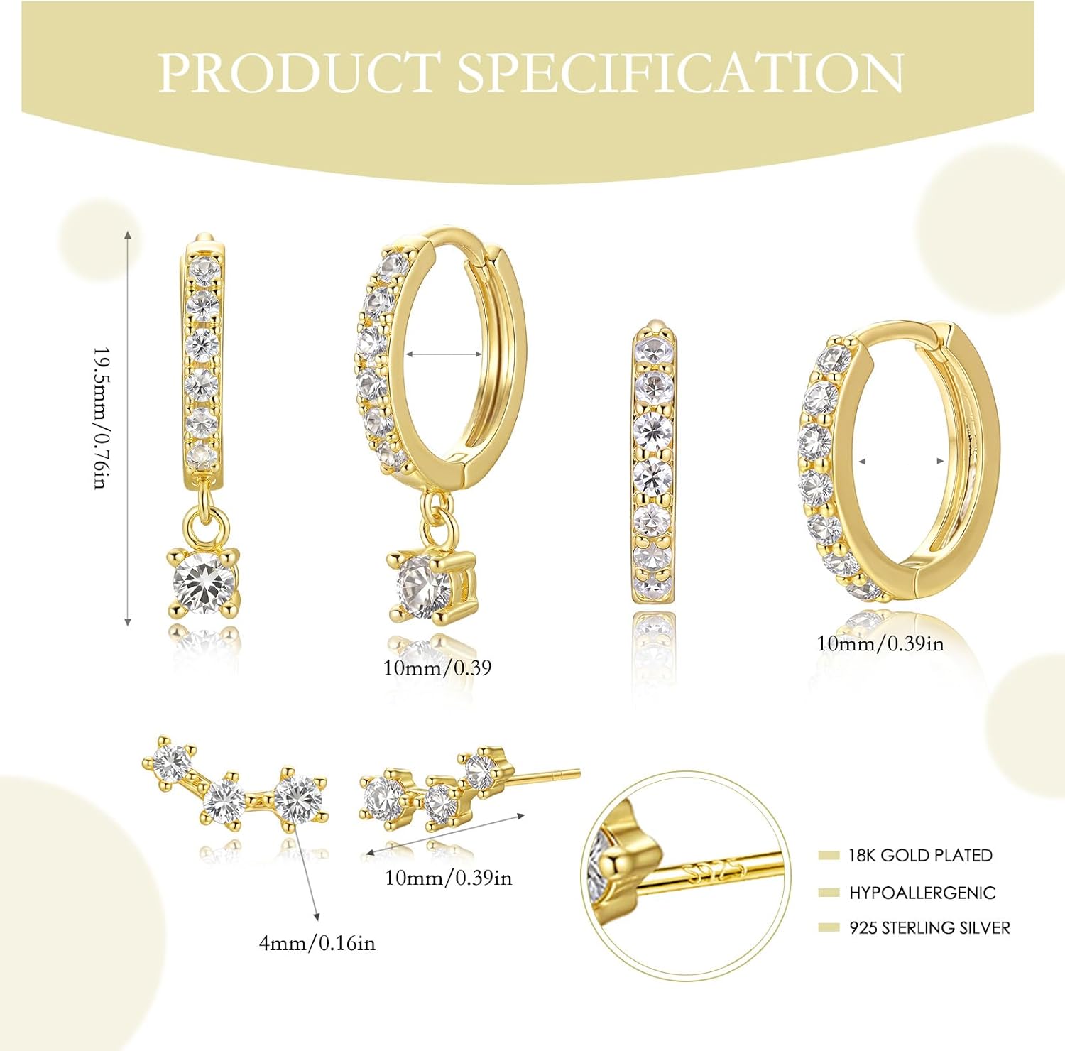 3 Pairs Silver Hoop Earrings Set: 925 Sterling Silver Dainty Stud Earrings Trendy Small 14K Gold Plated Hypoallergenic Dangle Cartilage Huggie Hoop Earrings for Women Silver Jewelry for Women Gifts - Image 4