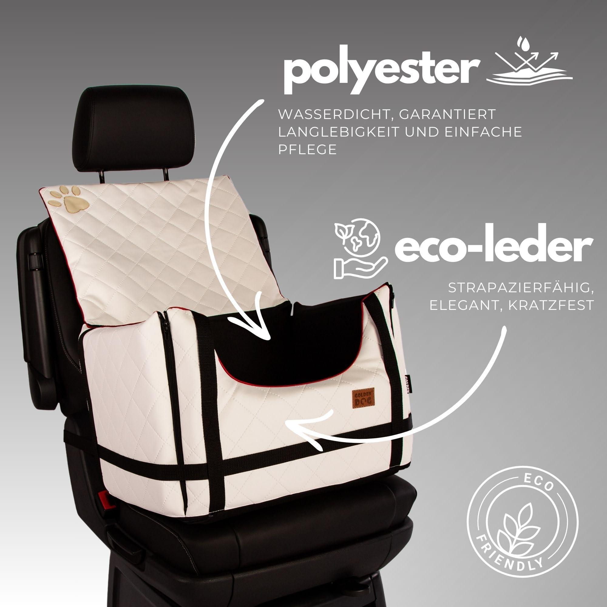 Golden Dog - Transportín para perro con cinturón de seguridad L-65 x 53 x 27 cm - Piel imitación asiento de coche para perro, resistente al agua - Asiento de pasajero para perros plegable - Cinturón