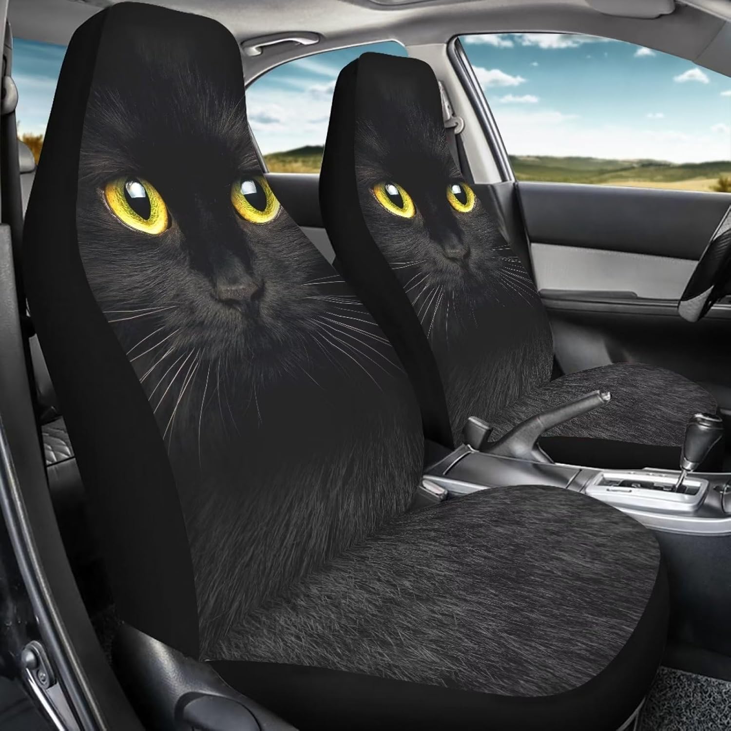 Talayituse Black Cat Print Automobile Front Seat Cover, Automotive Seat Cover Accessories, Breathable Front Car Seat Cover, Set of 2