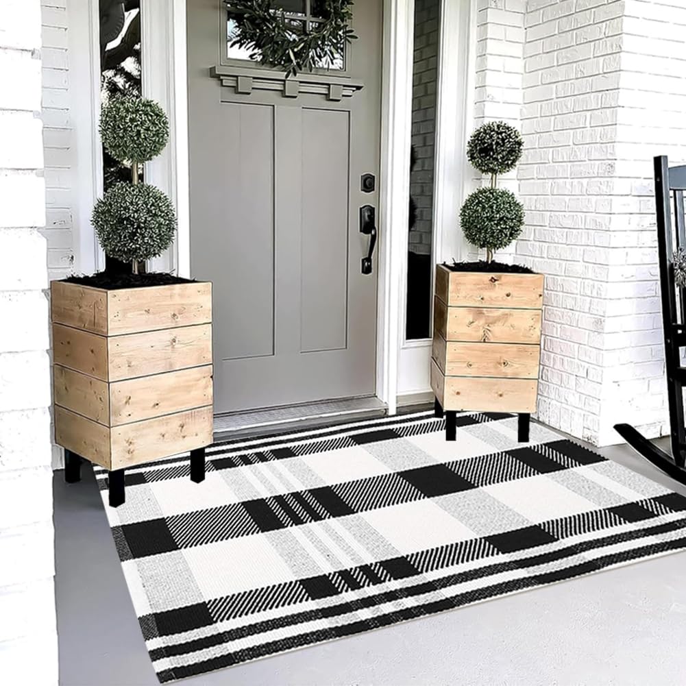 Black/White Buffalo Plaid Outdoor Rug 3' x 5', Washable Checkered Front Porch Rug, Cotton Welcome Layered Door Mats Carpet,Indoor/Outdoor Area Rug,