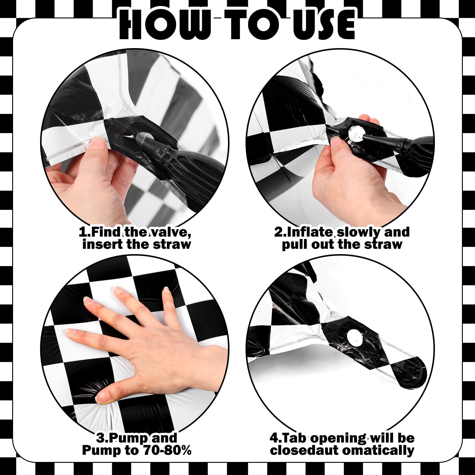 Gejoy 50-Pack Checkered Foil Balloons - 19x19 Inch Black & White Square Balloons For Parties