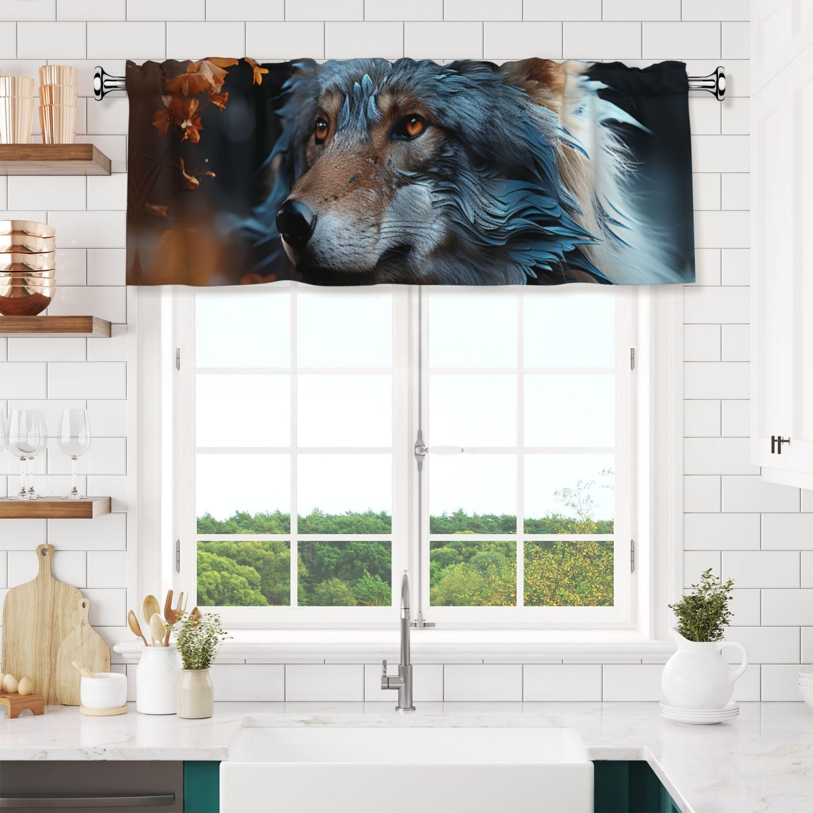 NONHAI Autumn Leaves and a Wolf Valances for Windows Short Curtains Rod Pocket Cafe Window Treatments Valance Curtains for Kitchen Bathroom Laundry Basement Windows 54x18inch Blackout Window Valance