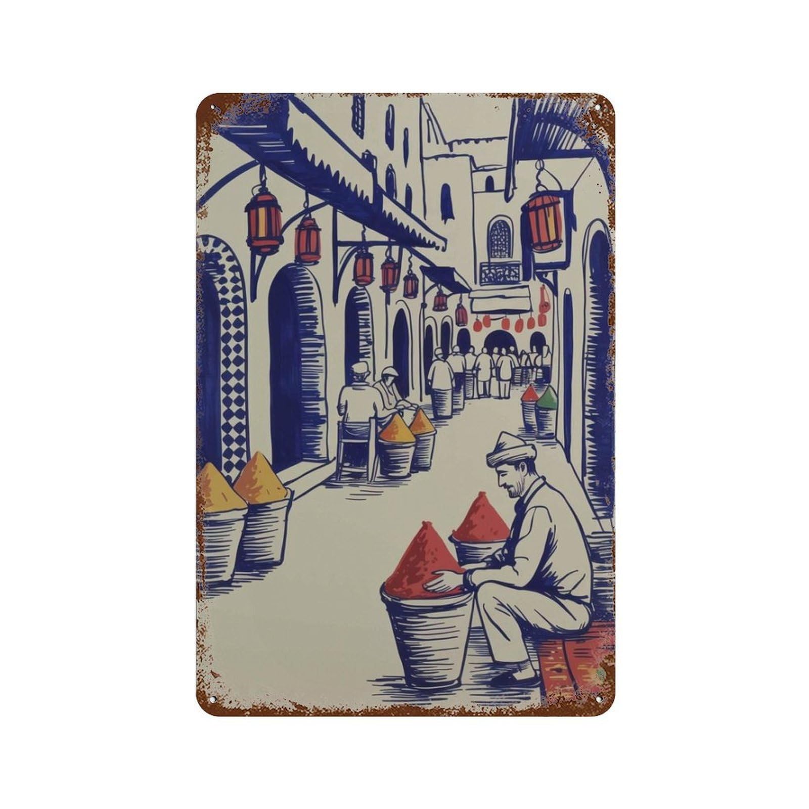 xiaoxiaoshen Moroccan Market – Marrakech Spice Souk Travel of Morocco Bazaar with Lanterns &a Wall Decor Art Metal Tin Poster Modern Home Decor Art Home Bar Shop Decorations Vintage Sign 30x20cm