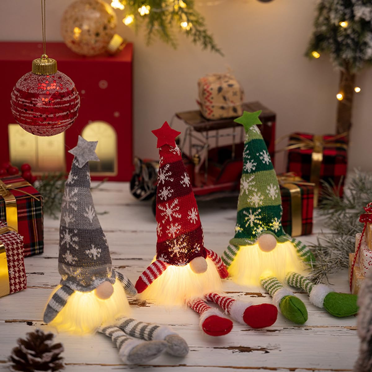 Bulla Christmas Gnome Decoration Set of 3, Light Up Gnome Christmas Decorations, Xmas Gonks Gnomes Plush Swedish, UK Elves Xmas Decorations (B-Long legs)