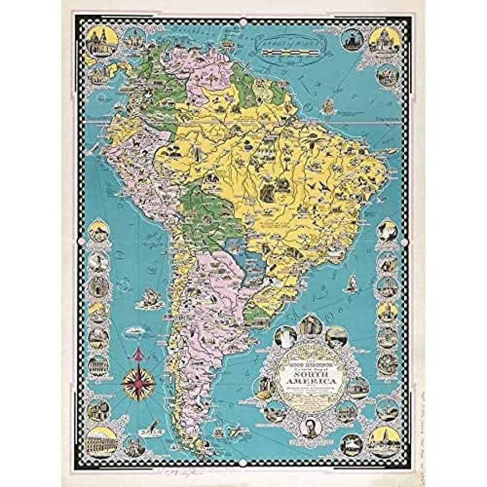 Artery8 Unframed Wall Art Chase 1942 Pictorial Map South America Buildings12X16 Inch from B&Q