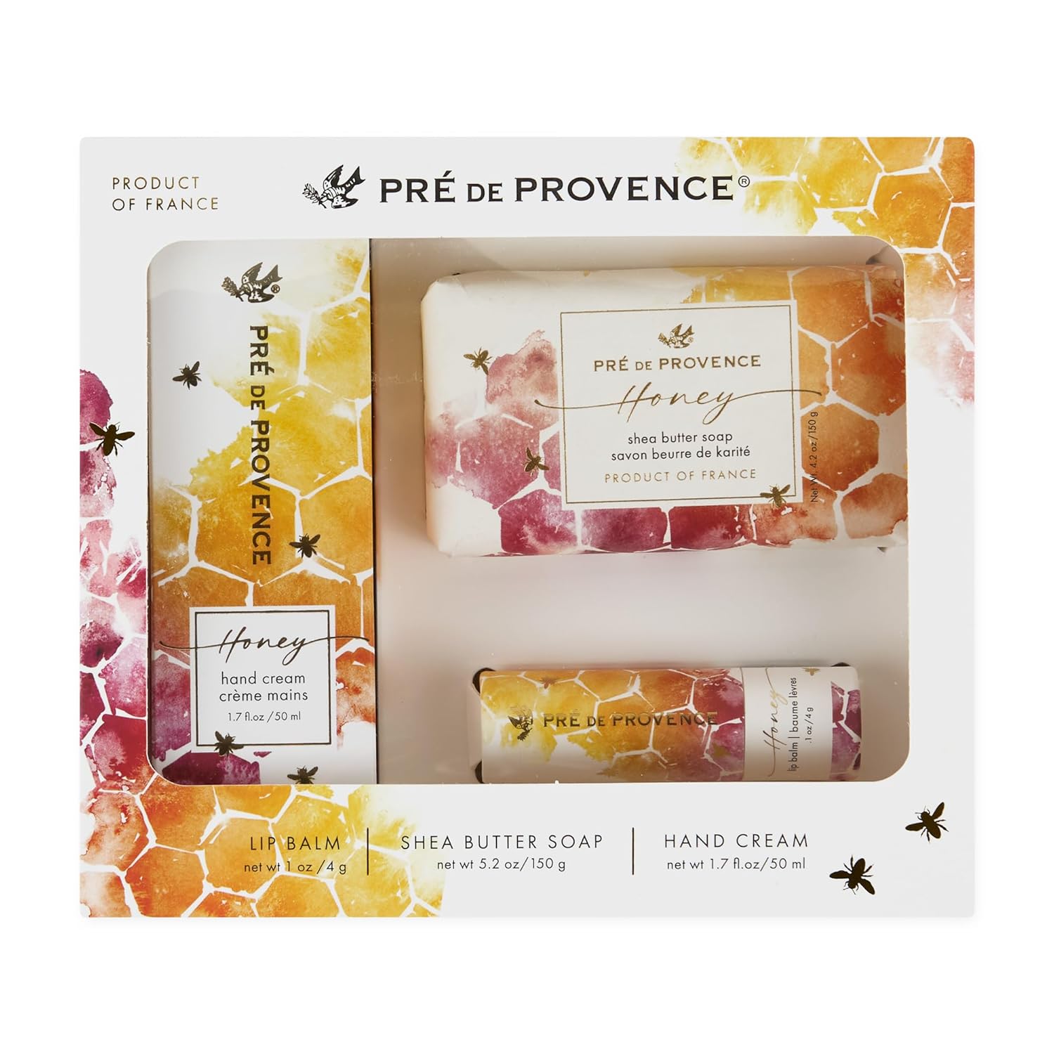 Pre de Provence Honey Collection Gift Set – Soap Bar, Hand Cream & Lip Balm – Skincare Trio with Organic Honey, Propolis & Royal Jelly