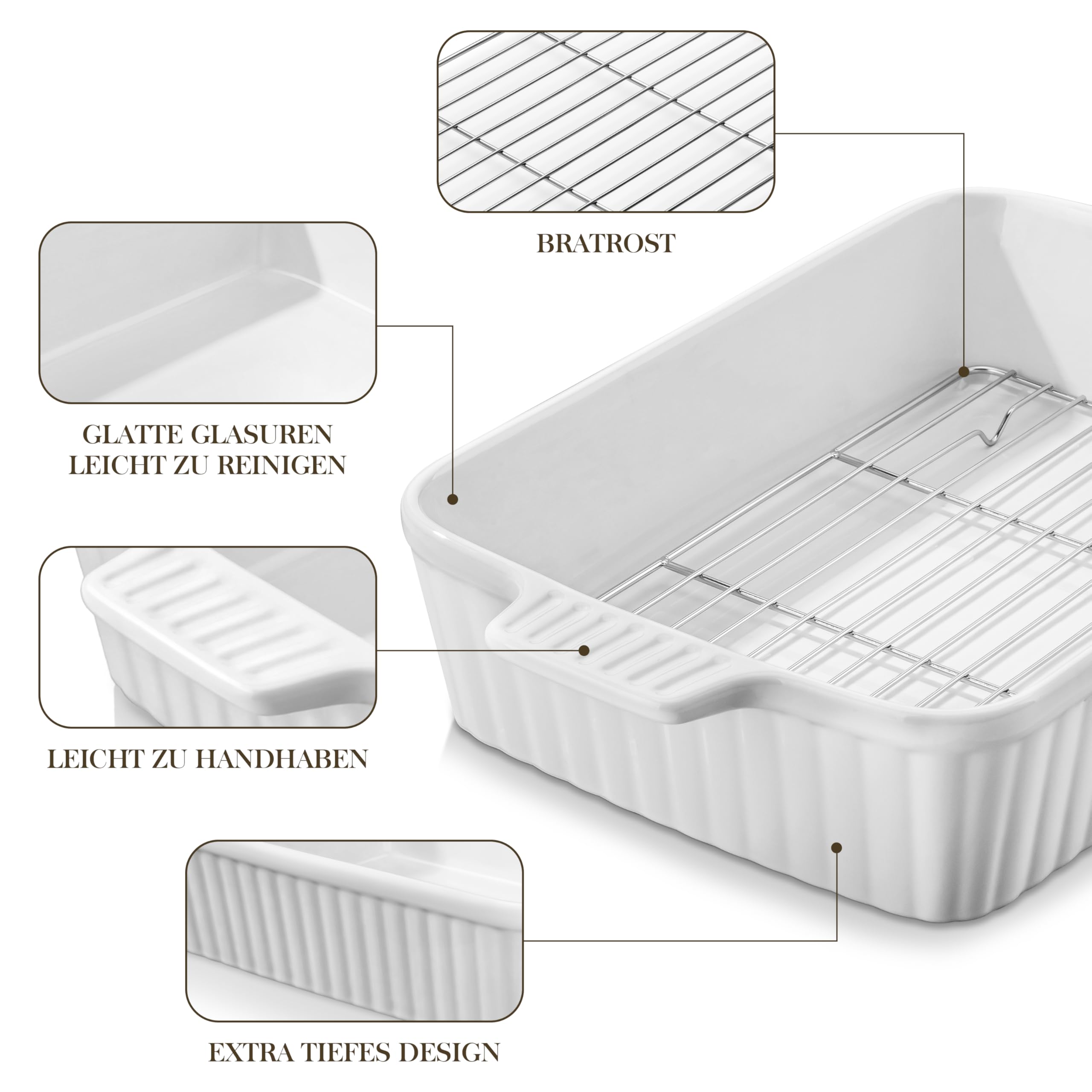 MALACASA Série BAKE, Plat à Four Rectangulaire en Porcelaine avec Grille 4200ml, Grand Plat de Cuisson avec Poignées pour Gratins et Casseroles, Compatible Lave-vaisselle, Blanc
