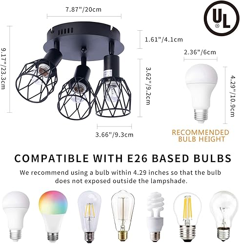 Miniatura 3 de Lámpara de techo industrial semiempotrada, 3 luces multidireccionales de techo, jaula de alambre de metal negro vintage, iluminación colgante para