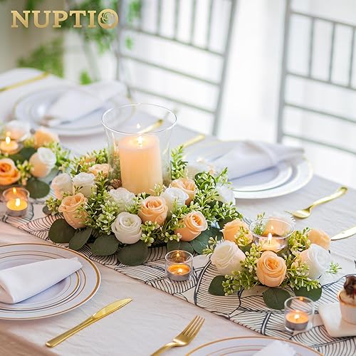 Miniatura 2 de NUPTIO - Anillos para velas y flores artificiales, 6 piezas de 14 pulgadas diámetro, corona de rosas artificiales champaña y blanco, centro de mesa