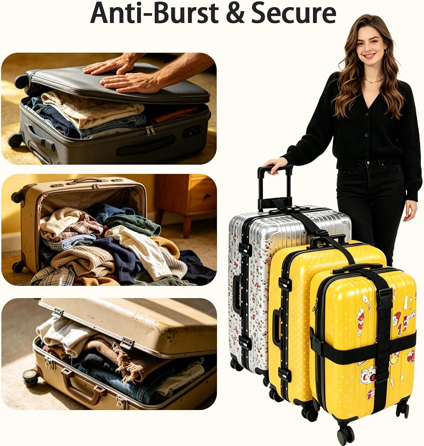 4 Pack Luggage Straps for Suitcases, Anti-Burst and Adjustable
