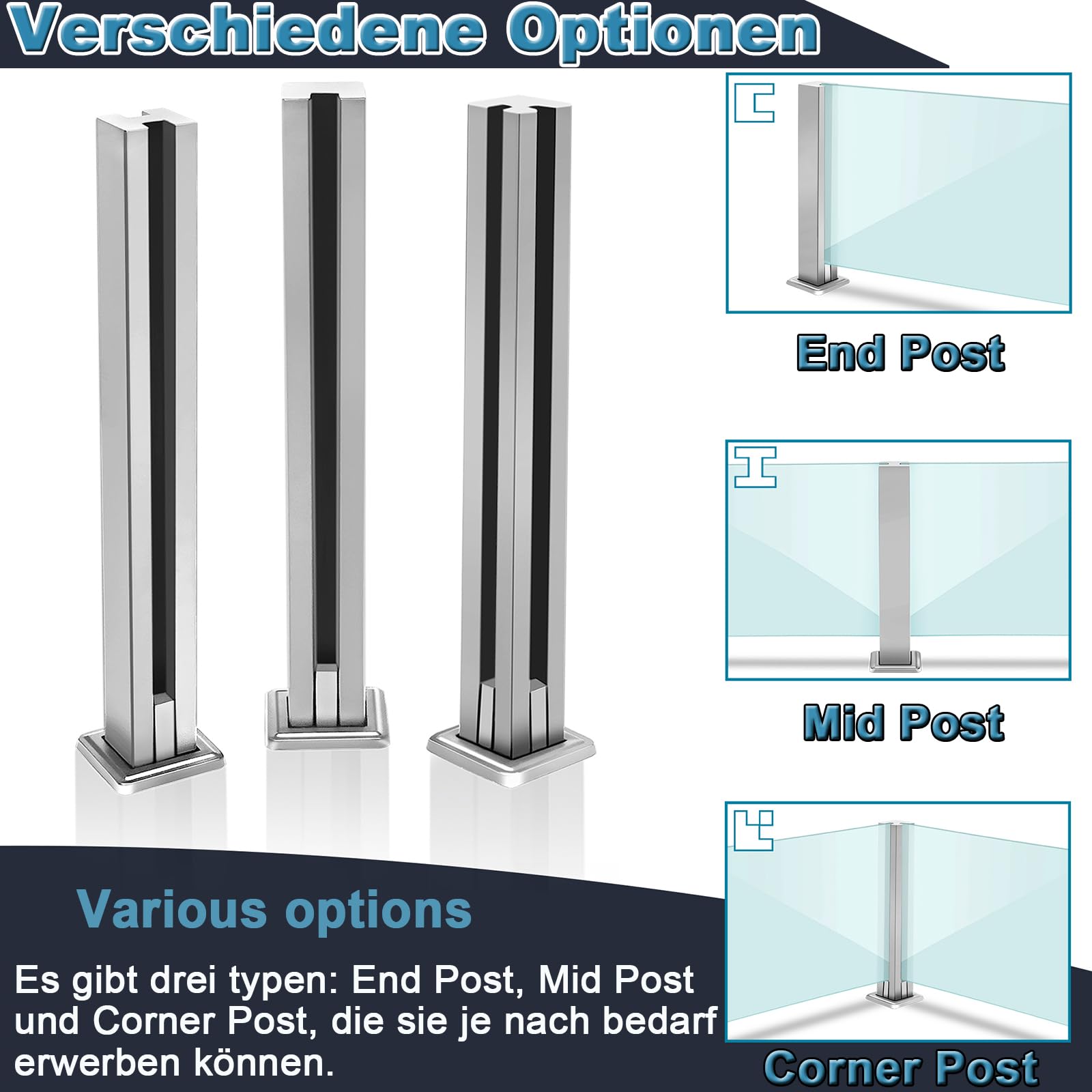 Pali per Ringhiere in Vetro in Balaustra, Sistema di Ringhiera, Stabilizzatore Intermedio, Morsetto per Vetro, 95 cm, Argento