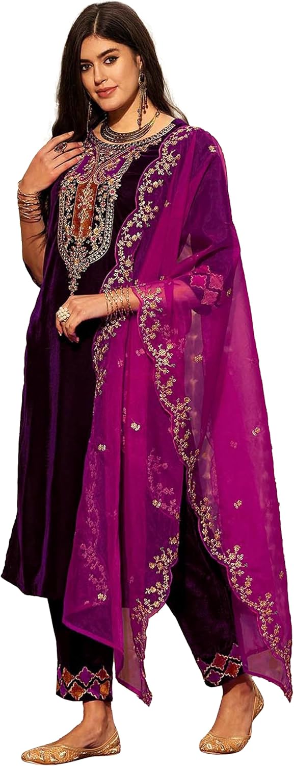 TRENDMALLS Women's Velvet Embroidery Sequence Work Salwar Suit Set Kurta Pant with Dupatta For Women