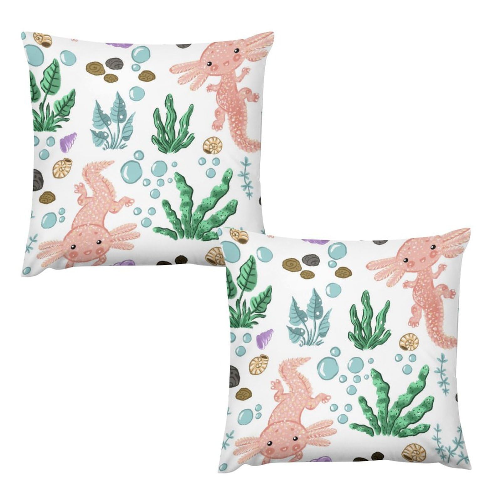 Axolotls Shells Pebbles and Bubbles 2PC Throw Pillow Covers Short Plush Square Pillow Cover for Cushion Sofa Pillow Cover 16 "x16