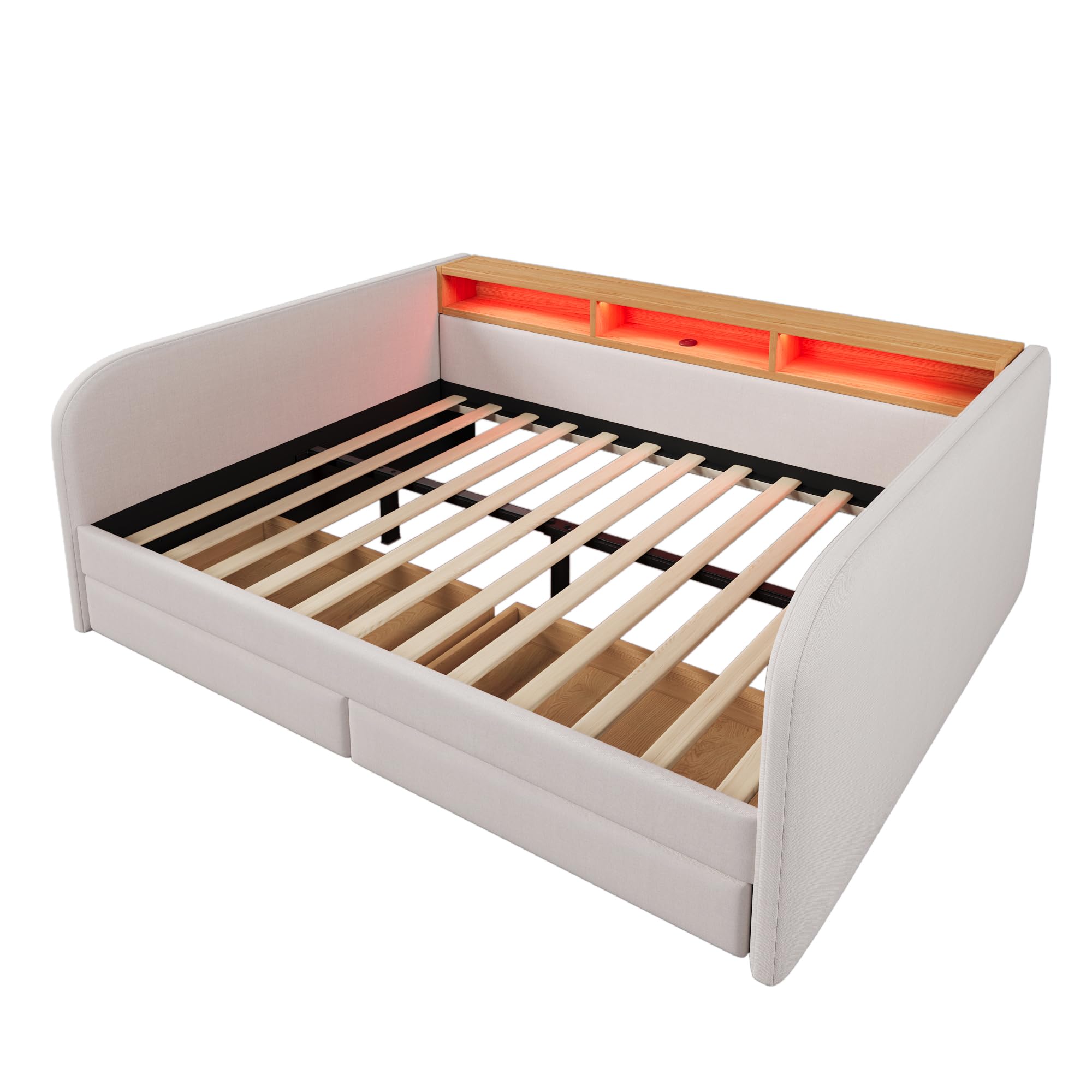 Divano Letto Imbottito 140x190 cm con LED e USB-C, Letto Matrimoniale con 2 Cassetti e Testiera Contenitore, Letto Multifunzione Struttura del letto con Rete a Doghe, Letto per gli ospiti, Beige