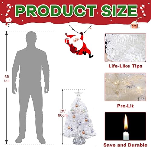 Miniatura 4 de MODFUNS Pequeño árbol de Navidad artificial de mesa de 2 pies, blanco pequeño árbol de Navidad con luces, árbol de Navidad con soporte de plástico,