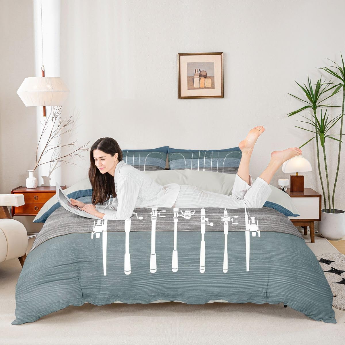 Fish Bedding Set Fishing Gifts for Men,Ice Fishing Gear Duvet Cover Fishing Comforter Cover Retro Watercolor Wood Fishhook Twin Bed Set,Angling Outdoor Sports Rustic Home Decor Gift for Fisherman