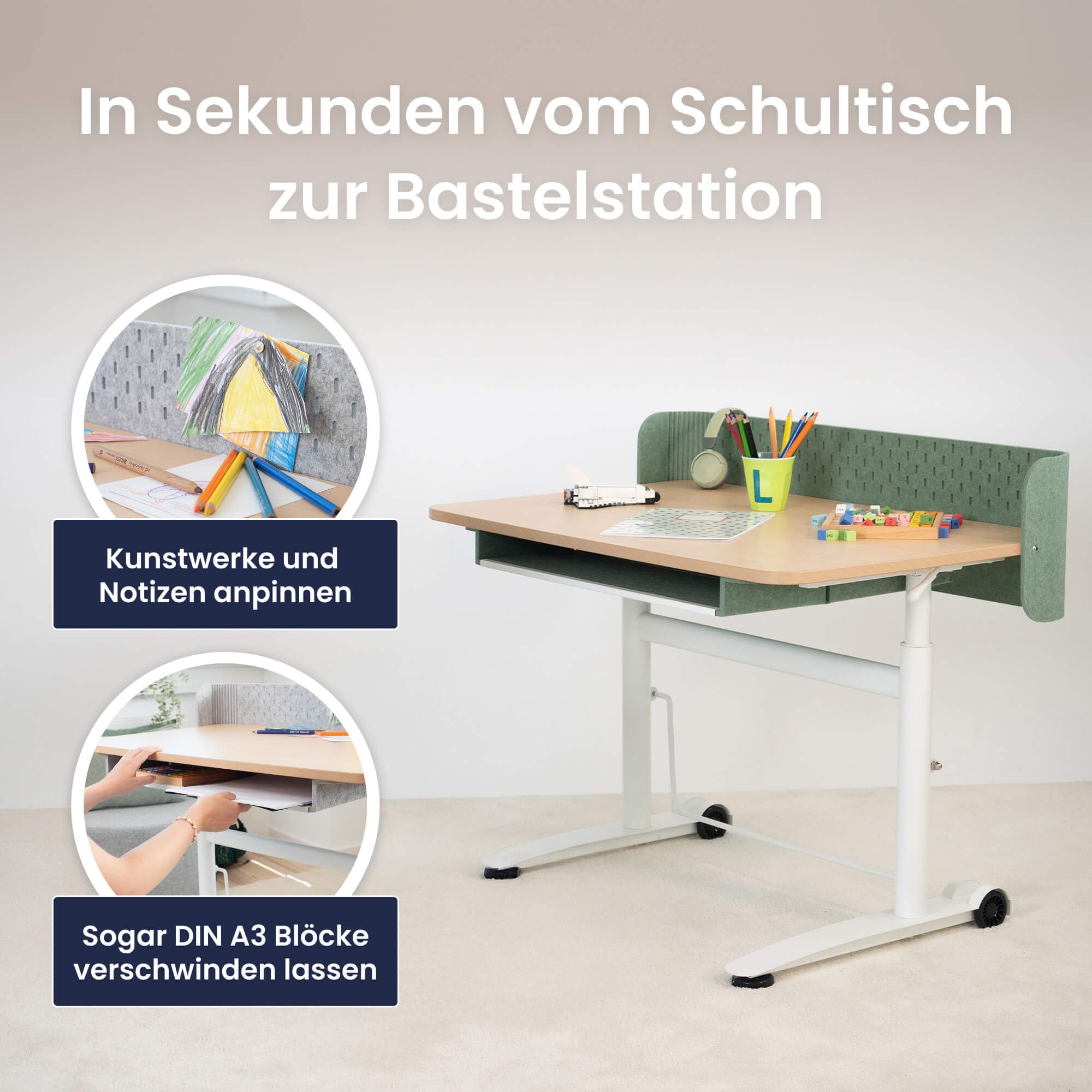 Ergotopia Kinderschreibtisch höhenverstellbar – ergonomischer Schülerschreibtisch für Kinder ab 6 Jahre, mitwachsender Schreibtisch für Grundschule & Hausaufgaben