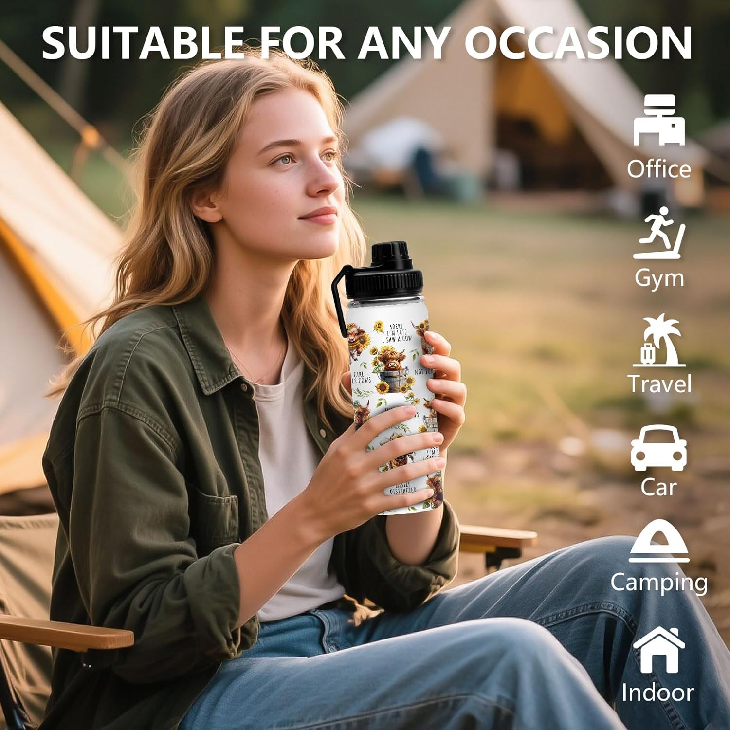 DUUV Highland Cow Water Bottle 18 Oz, Highland Cow Gifts for Women Girls, Christmas Birthday Gifts for Cowgirls, Just A Girl Who Loves Cows Cup, Funny Cowgirl Insulated Bottle - Image 6