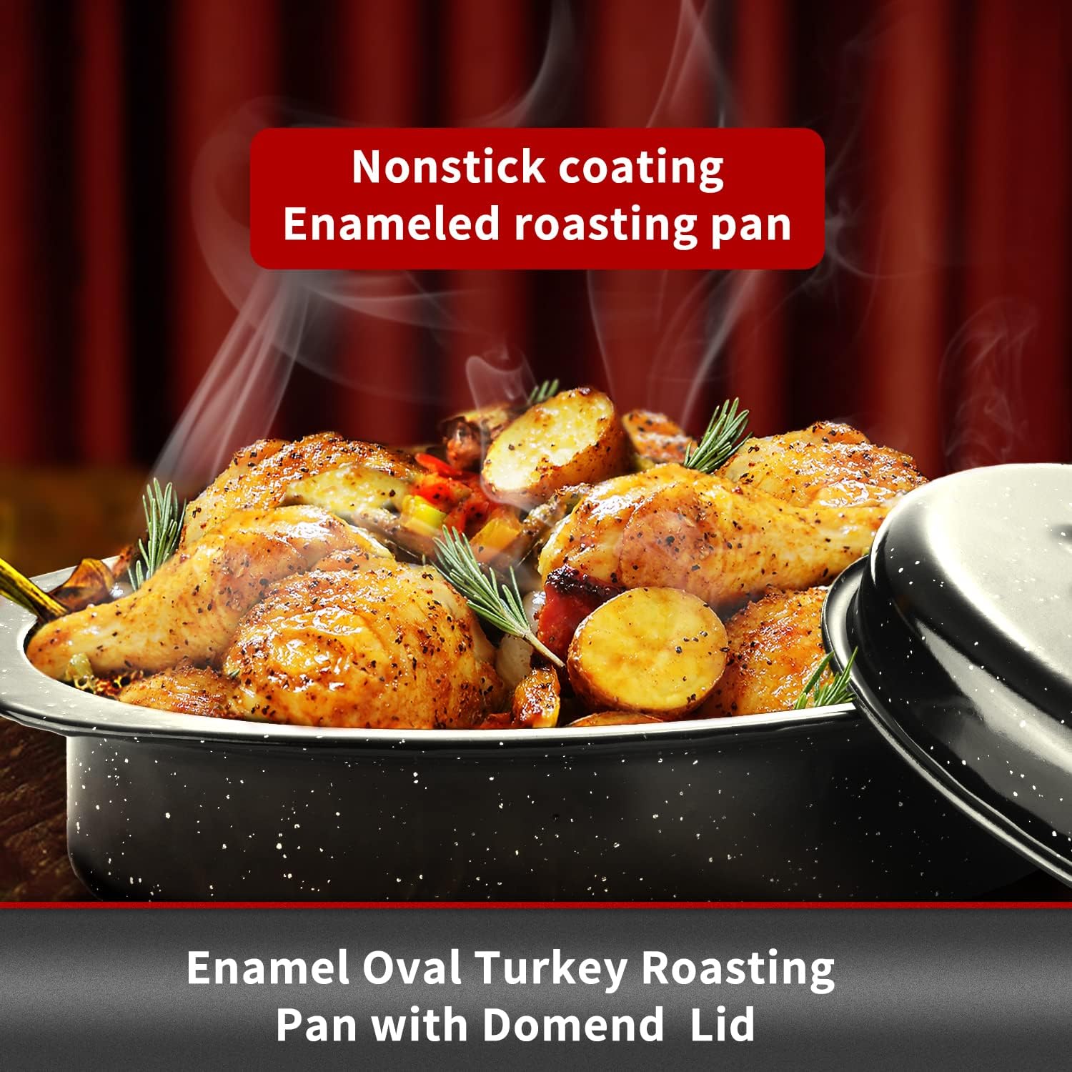 JY COOKMENT Granite Roaster Pan, Small 13” Enameled Roasting Pan with Domed Lid. Oval Turkey Roaster Pot, Broiler Pan Great for Small Chicken, Lamb. Dishwasher Safe Cookware Fit for 7Lb Bird - Image 2
