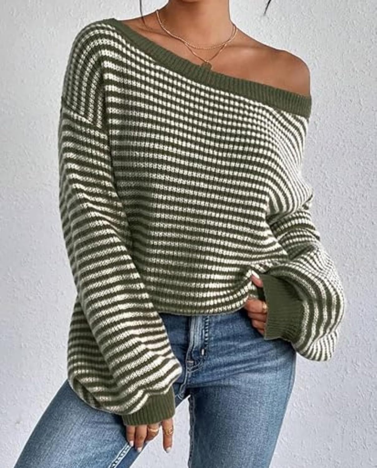 LIZALIG Women's 2025 Fall Long Sleeve Sweaters Casual Loose Striped Off Shoulder Oversized Knitted Sweater Pullovers - Image 4
