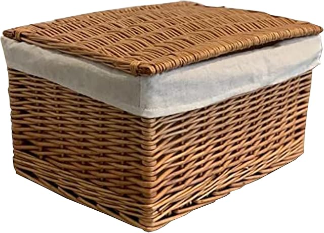 Home Delights Large Wicker Storage Basket with Lid, Natural Light Brown Wooden Rattan Wicker Baskets, Durable Lined Hamper Storage, Rectangular, Handmade Double Woven Wicker, Seagrass Storage Box