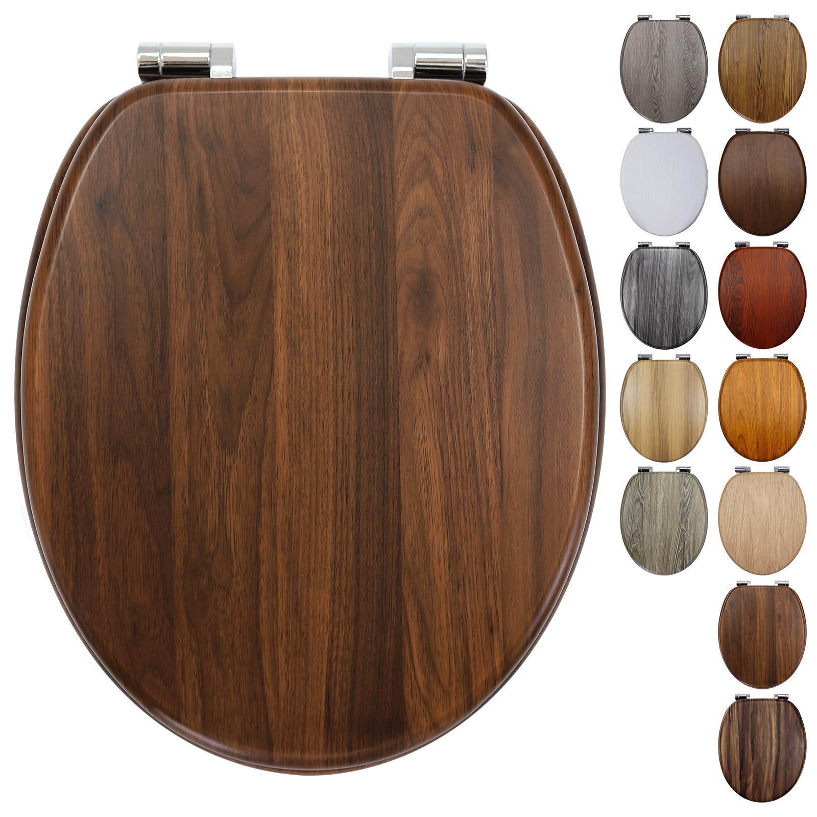 Fanmitrk Wooden Toilet Seat with Soft Close Adjustable Solid Zinc Alloy Hinges, MDF Wood Oval Toilet Seats with Bottom Fixings, Easy to Clean and Install (BLG200-1) โ image 1
