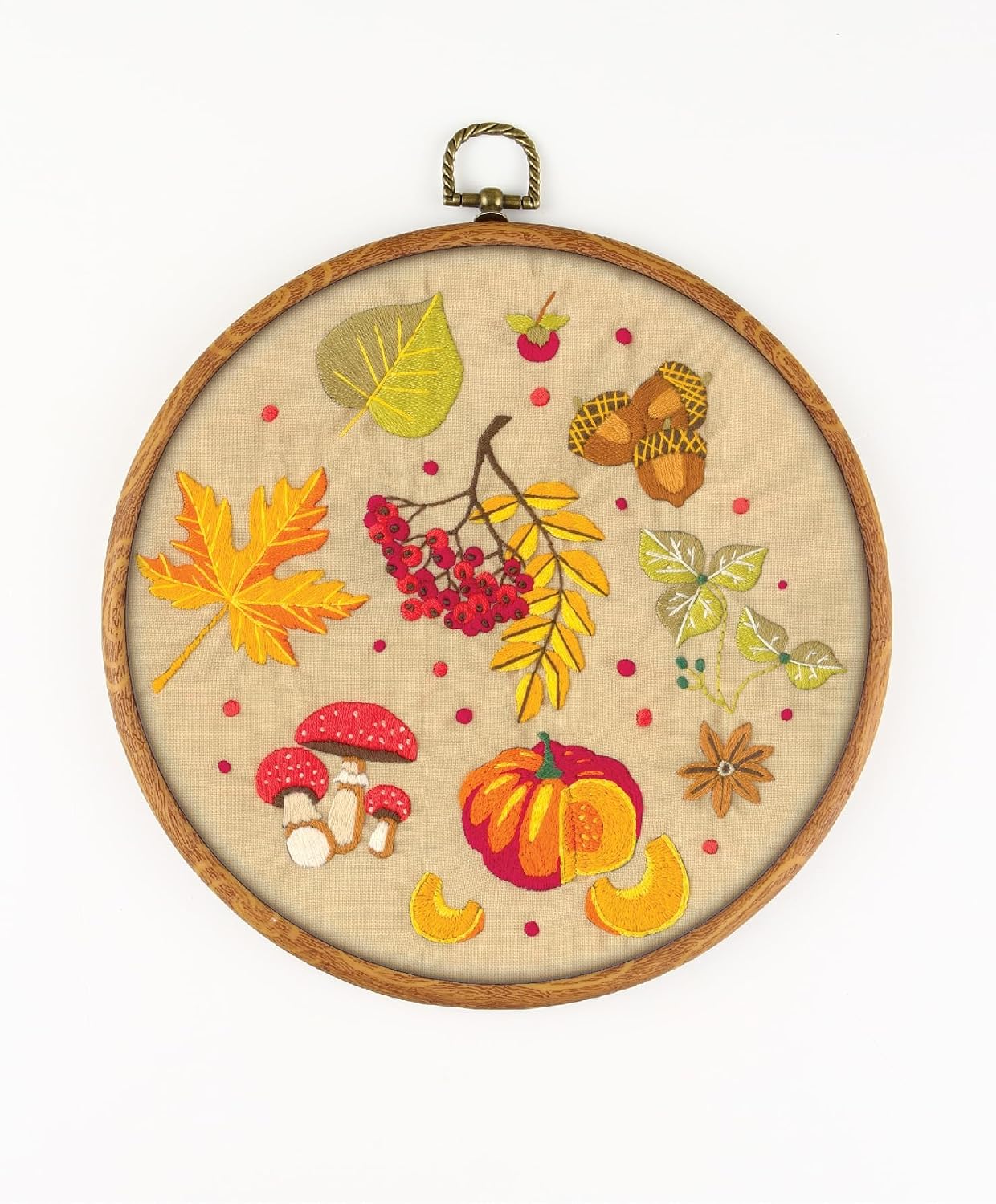 Autumn Time EM265 - DIY Embroidery Kit. Set of Threads, Needles, Stamped Cloth, Needle Threader, Embroidery Clippers and Printed Color Pattern Inside.