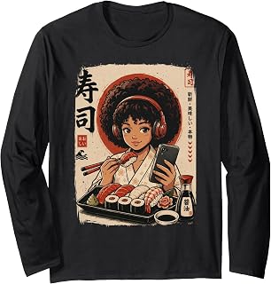 Black Anime Girl Eating Sushi Japanese Retro Art Long Sleeve T-Shirt
