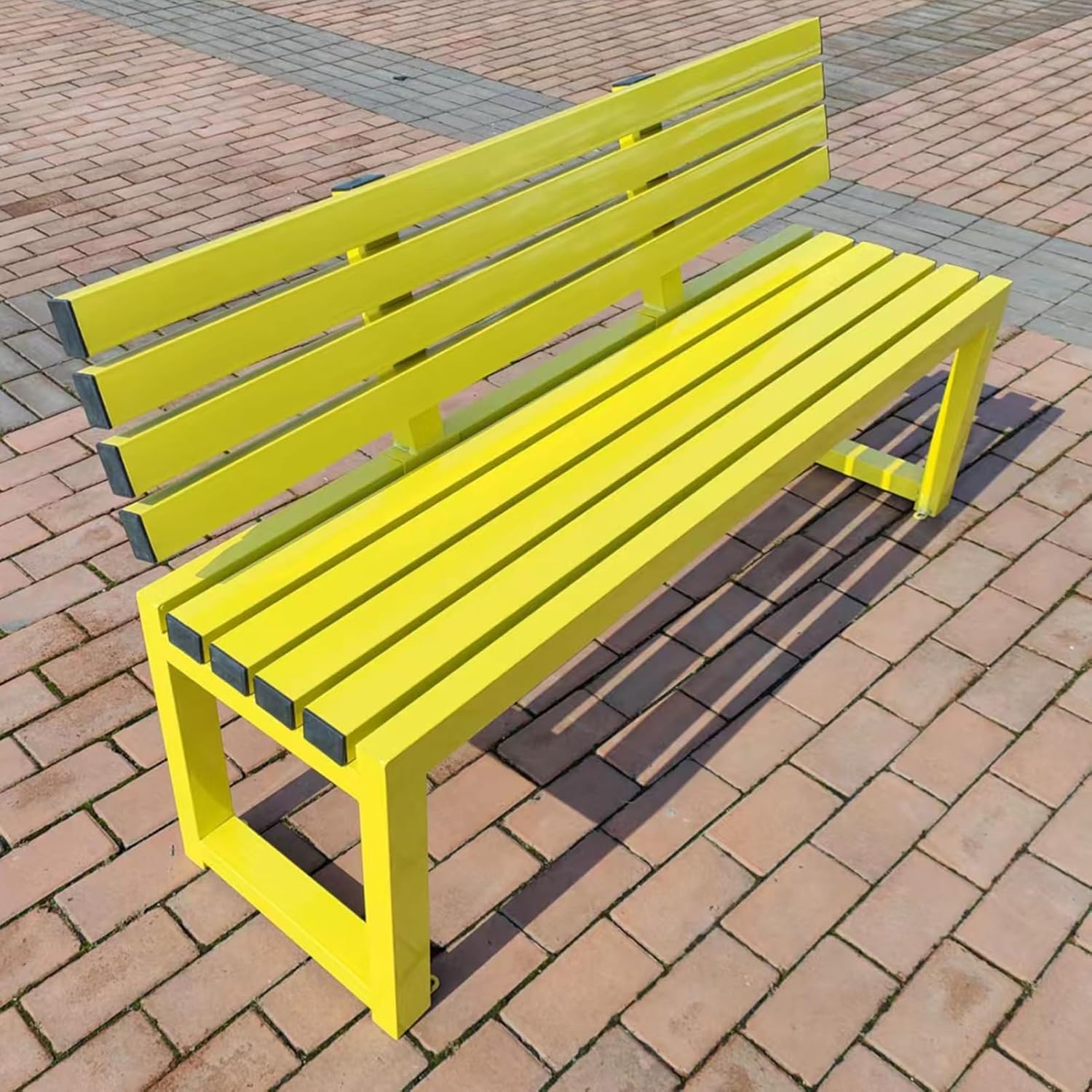 Outdoor Bench, Steel Garden Patio Porch Furniture for Lawn, Park, Deck w/Floral Design Backrest, Slatted Seat, Light Weight High Load-Bearing(Yellow,39.3x15.7x17.7in)