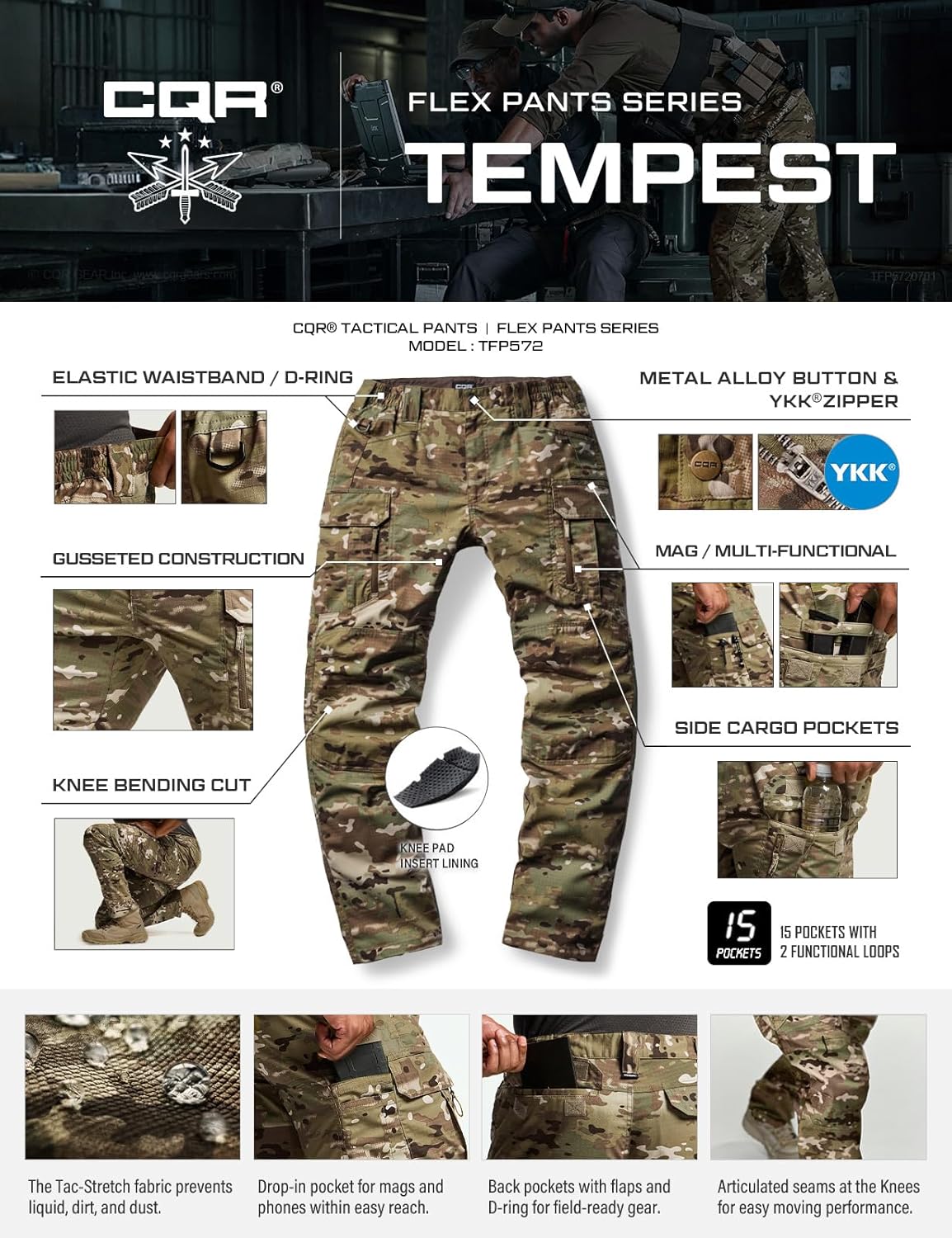 CQR Men's Flex Stretch Tactical Pants, Water Resistant Ripstop Cargo Pants, Lightweight EDC Outdoor Work Hiking Pants - Image 7