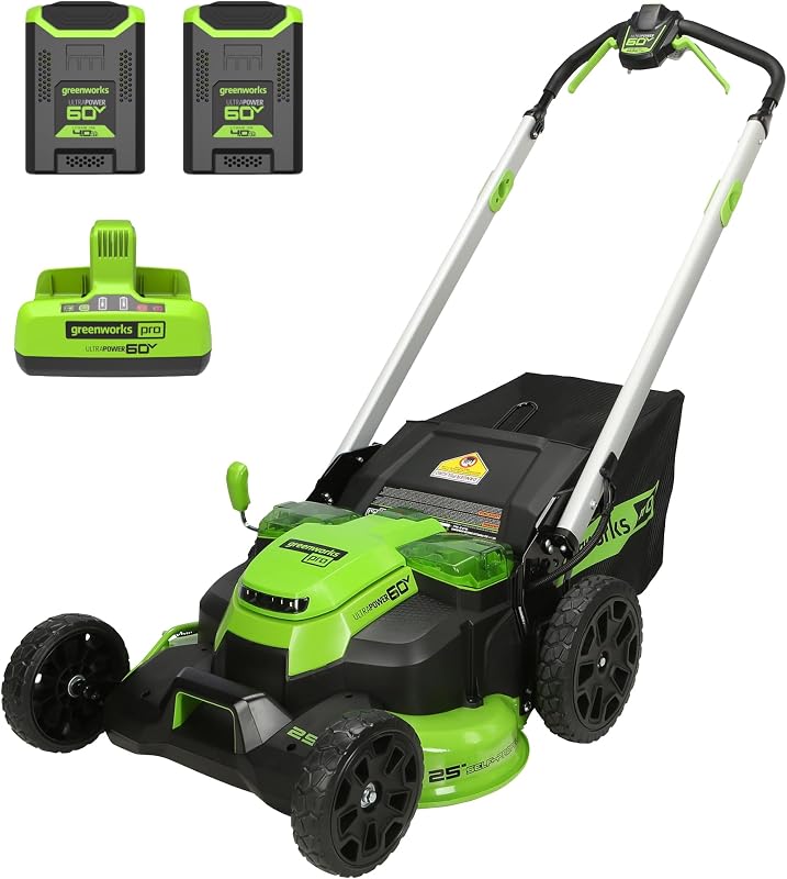 cortadora de césped autopropulsado Greenworks de 60 V y 25 pulgadas, (2) kit de batería de 4,0 Ah