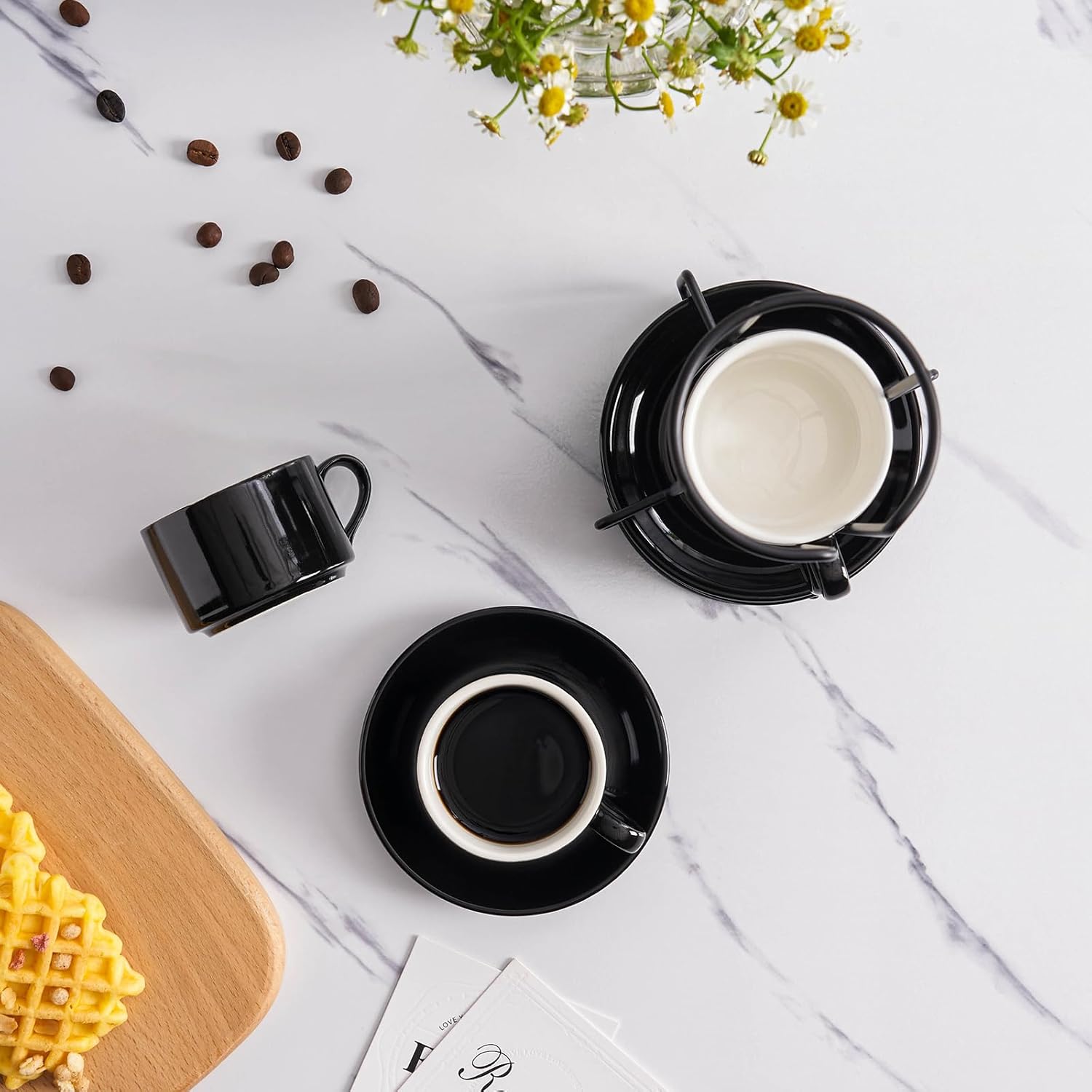 2.5oz Espresso Cups Set of 4, Porcelain Stackable Espresso Cups with Saucers and Metal Stand Set, Black Expresso Shots Cup Set for Cappuccino, Coffee Drinks, Latte, Tea - Image 4