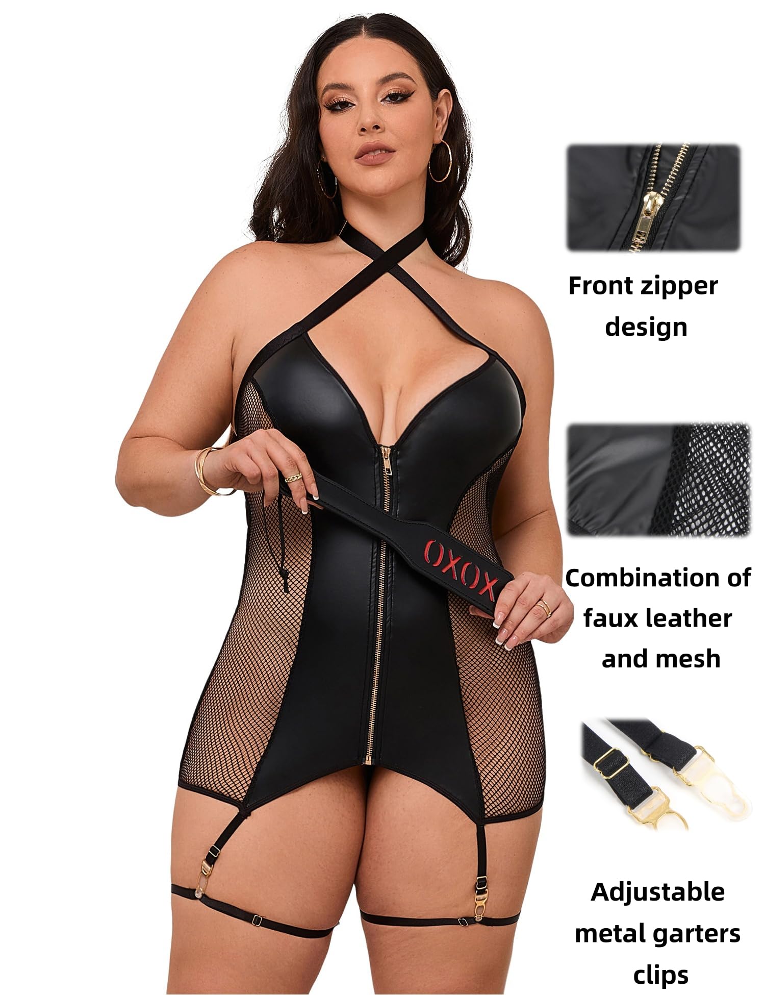 Women’s Plus Size Lingerie Set Leather Lingerie with Garter Set Sexy Sheer Babydoll Faux Leather Bodycon Dress: Black 8-10