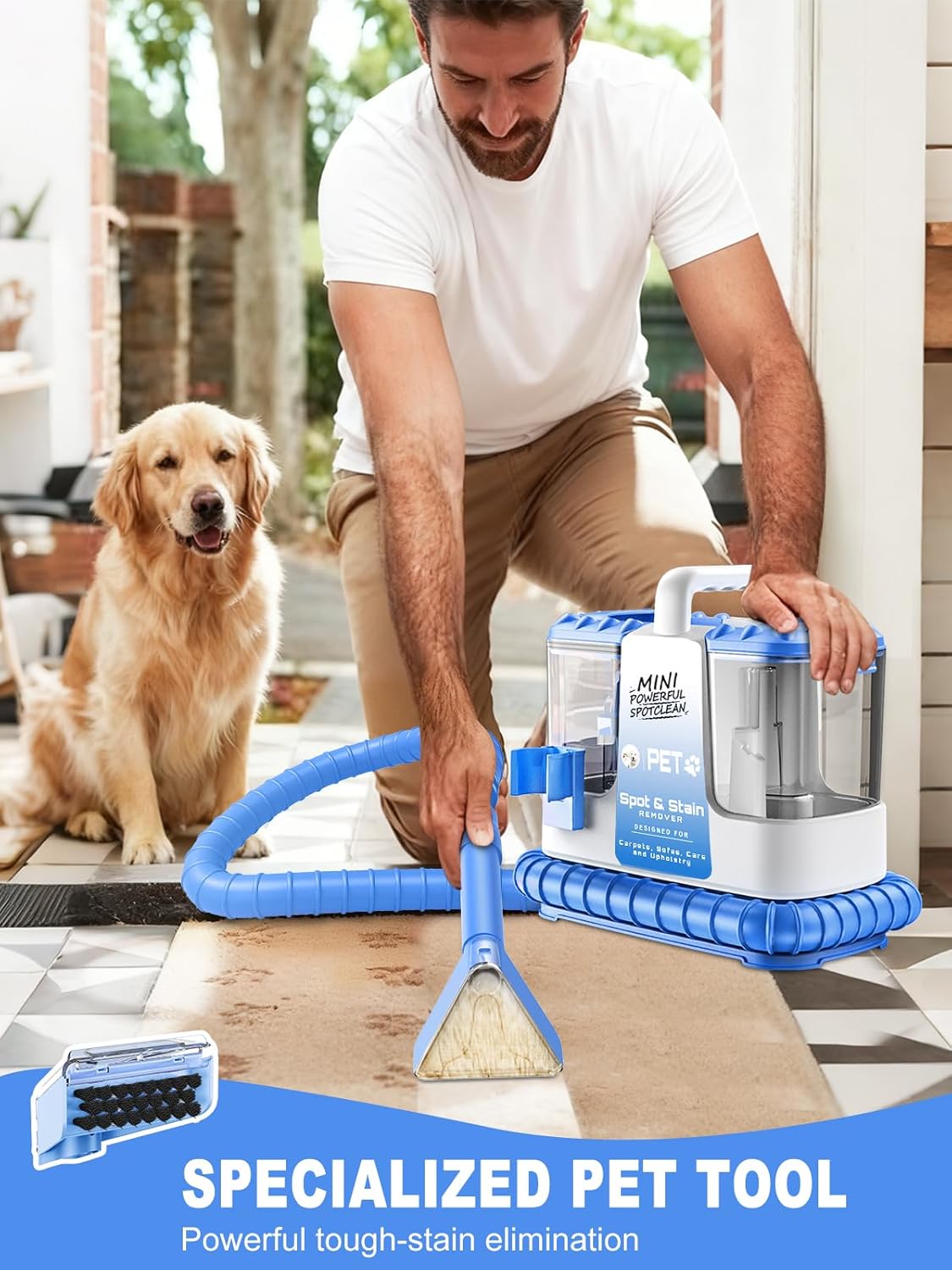 Carpet Cleaner Machine, 20Kpa Powerful Suction with 5 Cleaning Tools, Cleaning Solution, Car/Auto Detailer, Lightweight Compact Design for Rug, Carpet, Car Seats, Pets, Stairs, Couches,Blue