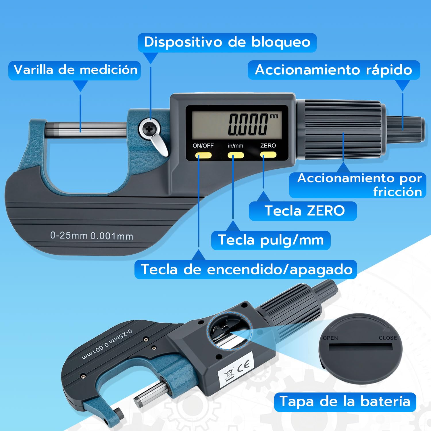 Mcbazel Micrómetro Digital de Alta Precisión con LCD 0-25 mm, Calibrador Electrónico Digital Pulgadas/Métricas, Precisión de 0.001 mm, Herramienta de Medición de Espesor y Longitud