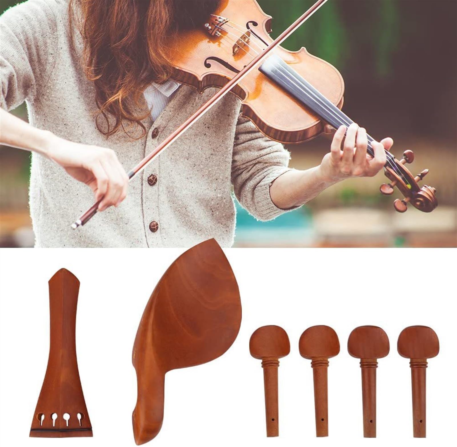 Accessori per violino Accessori In Legno Di Giuggiola Per Violino 4/4 Un Set Completo Di Picchetti Cordiere Poggia Mento Viti E Corde Di Violino Per La Messa A Punto.