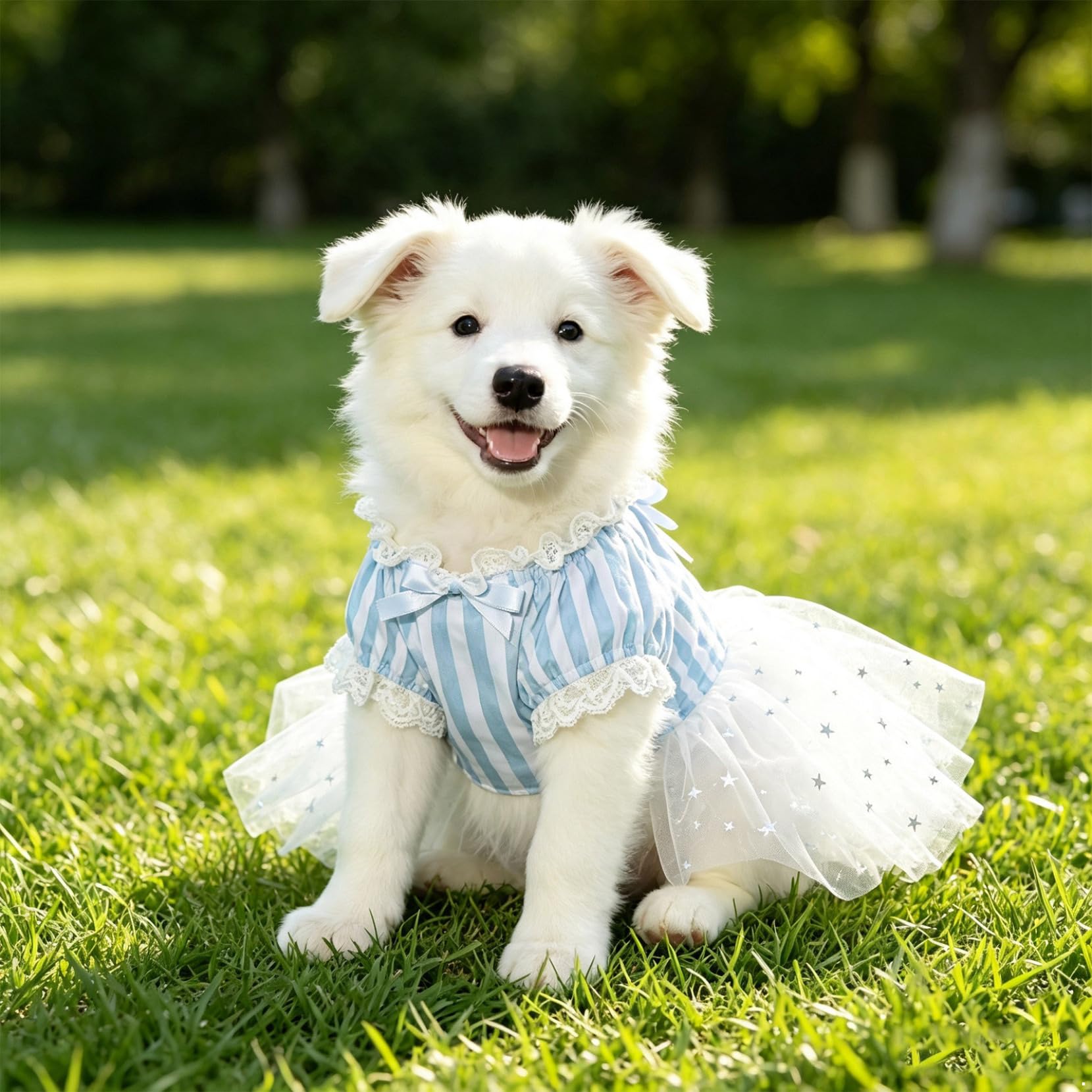 Yartina Vestito per cani di piccola taglia, in tulle, a righe, con stelle, blu, taglia S