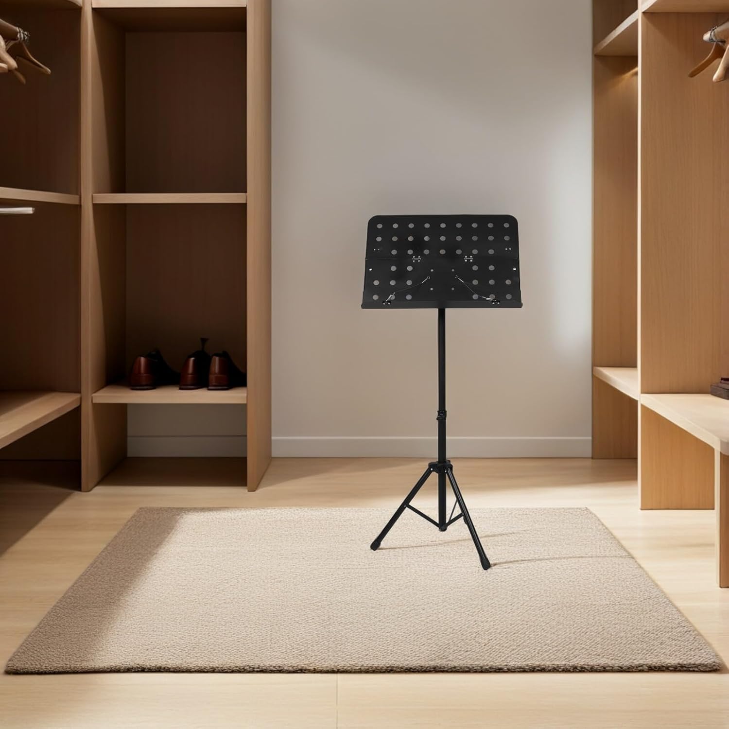 LIOOBO Adjustable Height Portable Sheet Music Stand with Black Musical Note Design Folding Music Rack for Piano Guitar Band Players Stable Support for Performance and Practice