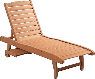 Outsunny Chaise Lounge Chair Outdoor Wooden Pool Lounge Chair with 3-Level Adjustable Backrest, Built-in Table and Rolling Wheels, Sun Tanning Chair for Beach Poolside Sunbathing, Brown Red