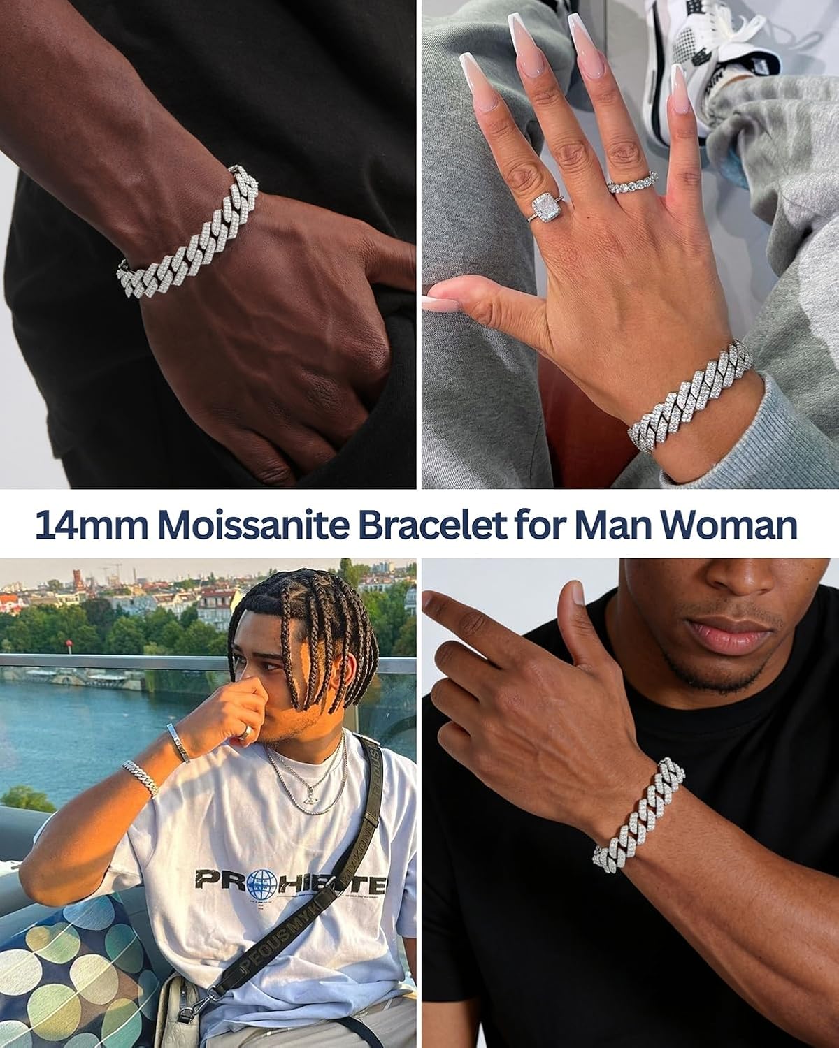 LuxeFlex Moissanite Prong Cuban Link Bracelet/Necklace for Men Women, VVS D Color Moissanite, 5 Times Rhodium Plated, White Gold Iced Out Hip Hop Jewelry with Box Clasp (10mm/12mm/14mm/20mm)