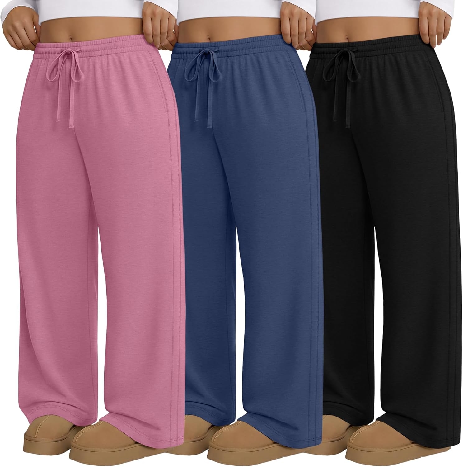 3 Pack Women's Plus Size Pants, Drawstring Wide Leg High Waist Sweatpants Loose Casual Lounge Pants with Pockets