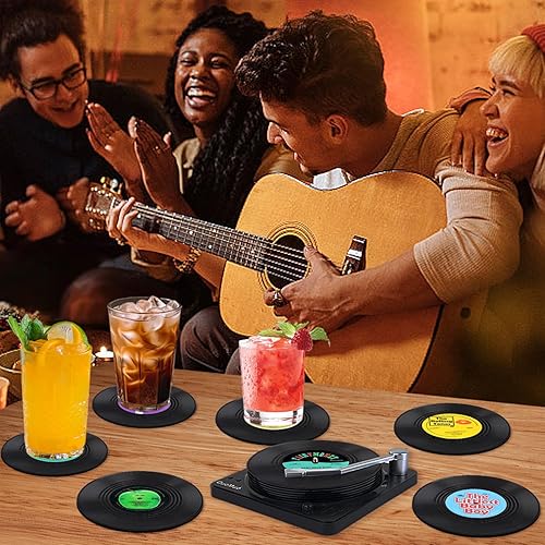 Miniatura 3 de Divertidos posavasos retro de discos para bebidas con soporte para reproductor de vinilo para amantes de la música, juego de 6 posavasos de