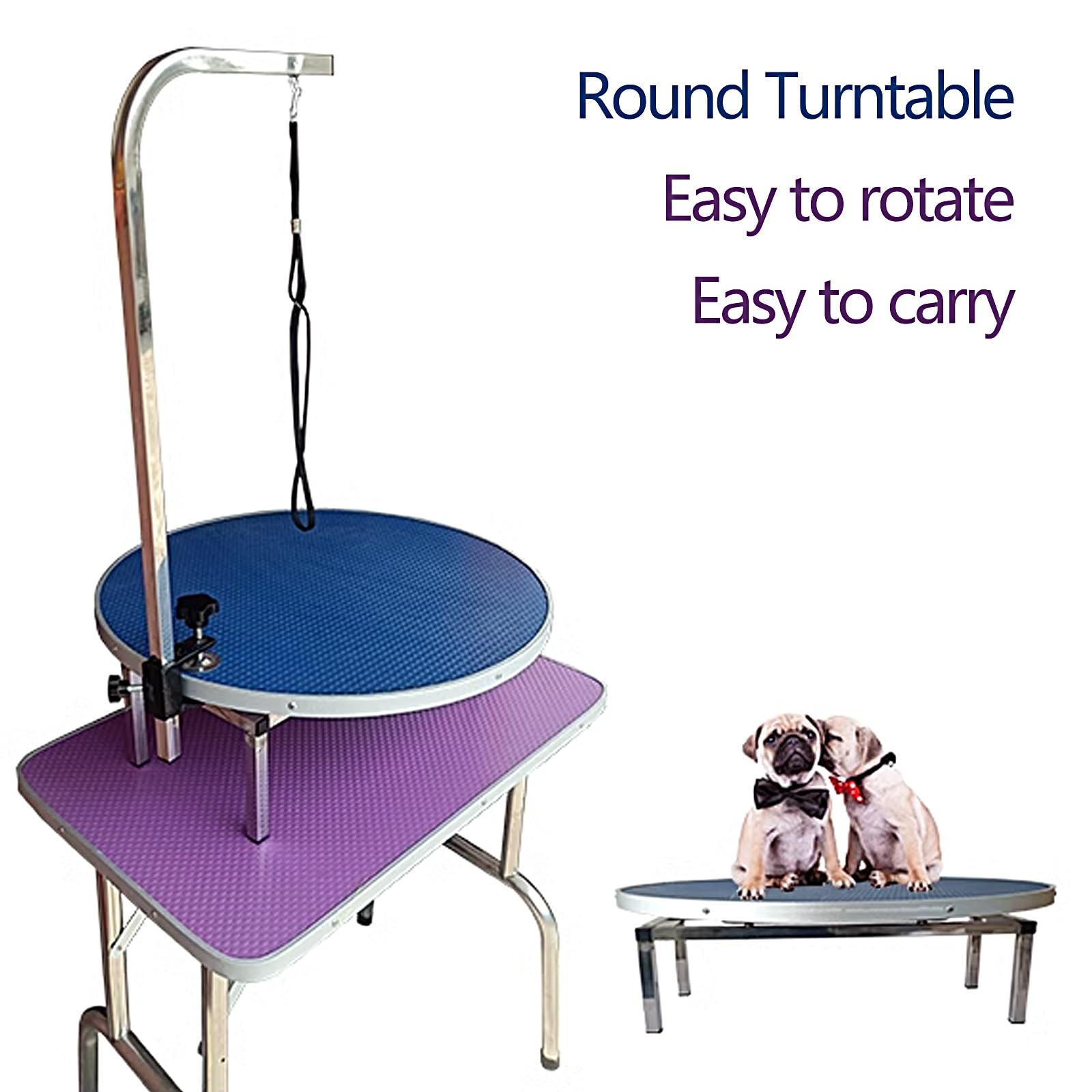 Mesa Peluqueria Canina Redonda 60 * 15cm, Rotación de 360 Mesa de Peluquería para Mascotas, Brazo Acicalador Ajustable, para Perros y Gatos(Green)