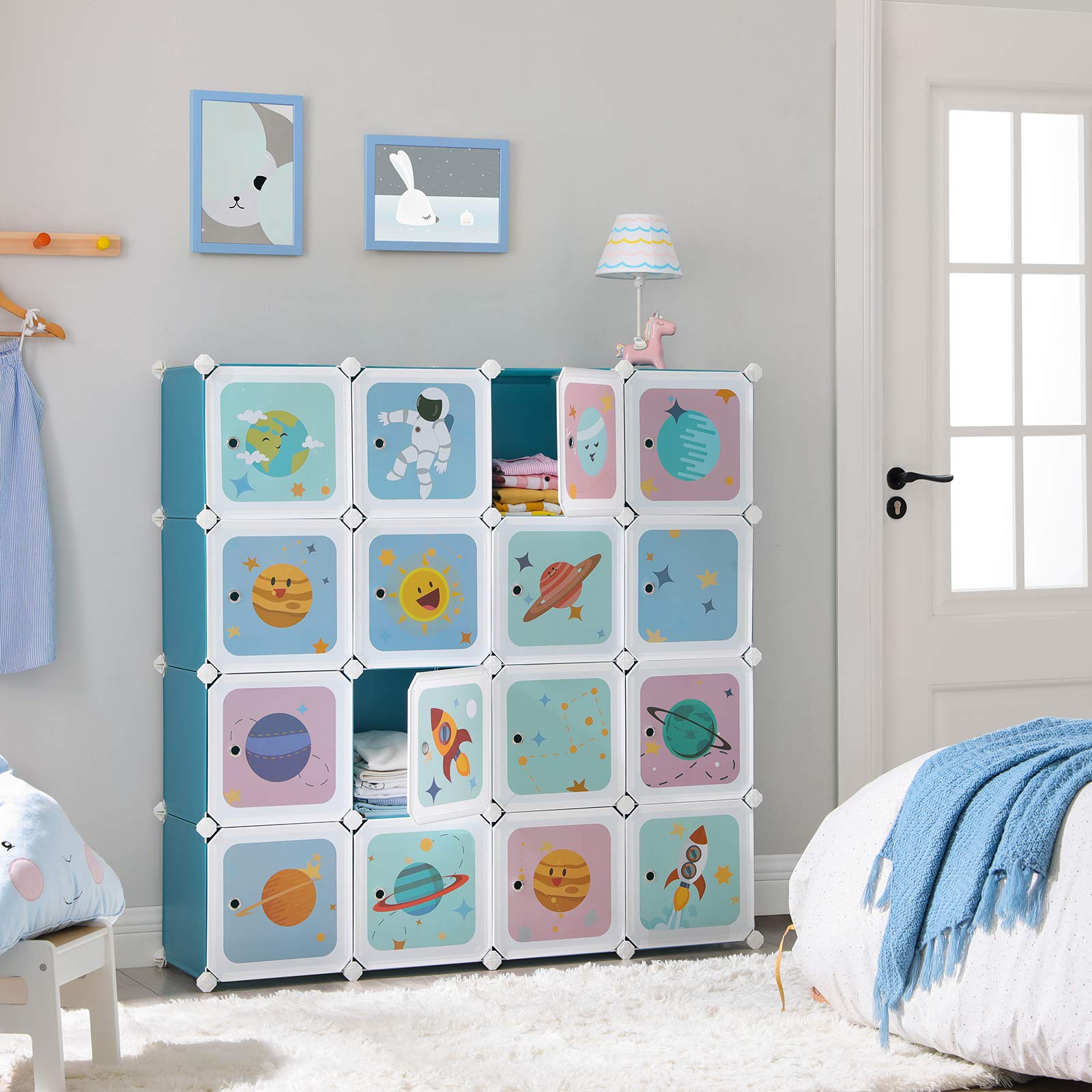 SONGMICS Regalsystem mit 15 Würfeln, Aufbewahrungsschrank für Kinder, Steckregal, Schuhregal aus Kunststoff, Kleiderschrank mit Türen, Mehrzweck, Schuhe, Spielzeug, 153 x 31 x 153 cm, blau LPC902Q01
