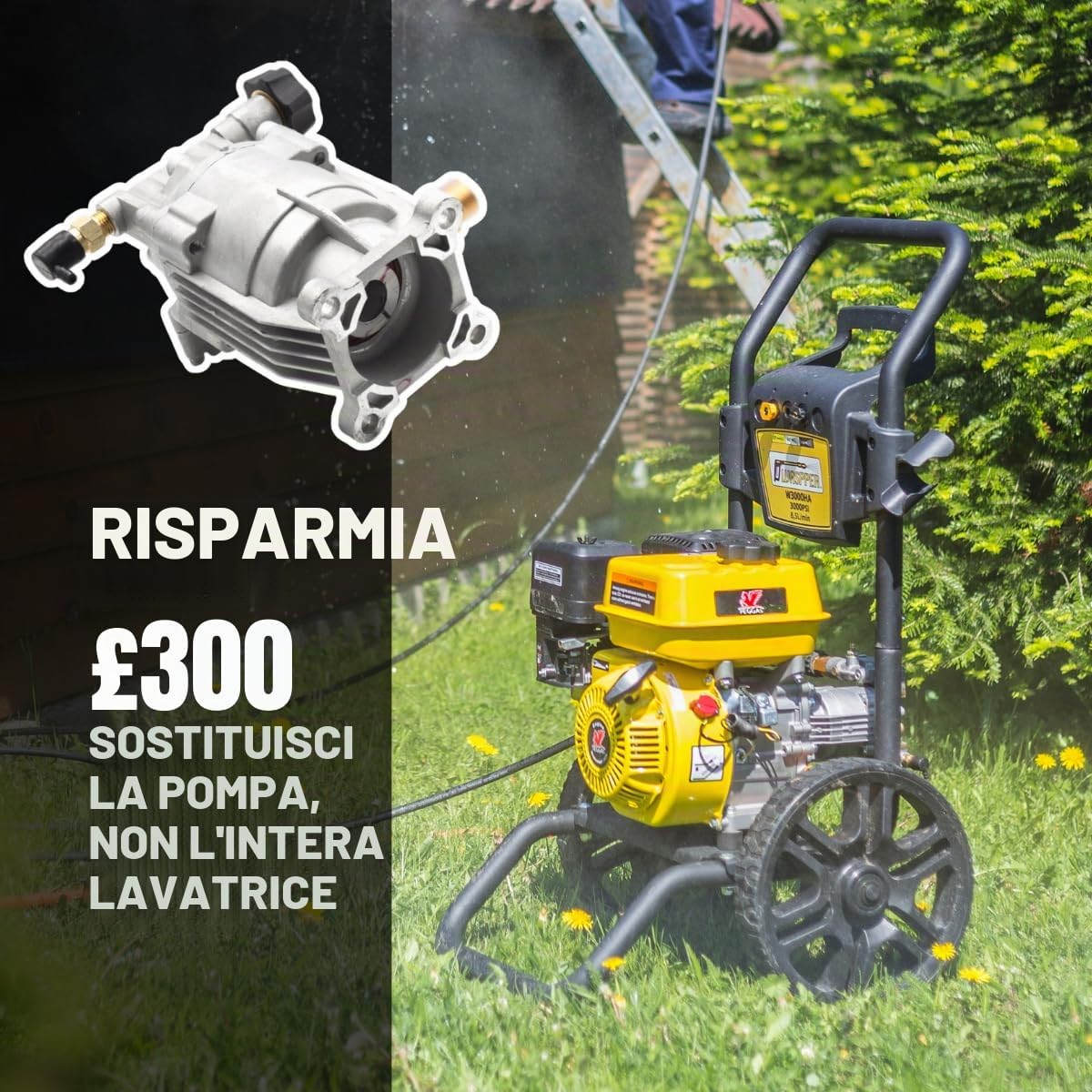 Pompa di Ricambio per Idropulitrice 3000 PSI 200 Bar, Pompa Orizzontale 6.5 HP per Idropulitrice a Benzina, Testa in Alluminio, Portata 8,5 L/min – Modello PW28/2.5 Waspper