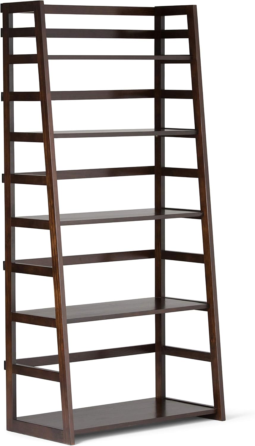 SIMPLIHOME Acadian Bookcase - 63 inch Tall 5-Shelf Solid Wood Ladder Shelf in Brunette Brown, Transitional Display Bookcase for Living Room, Study Room or Office with Slanted Frame and Open Storage