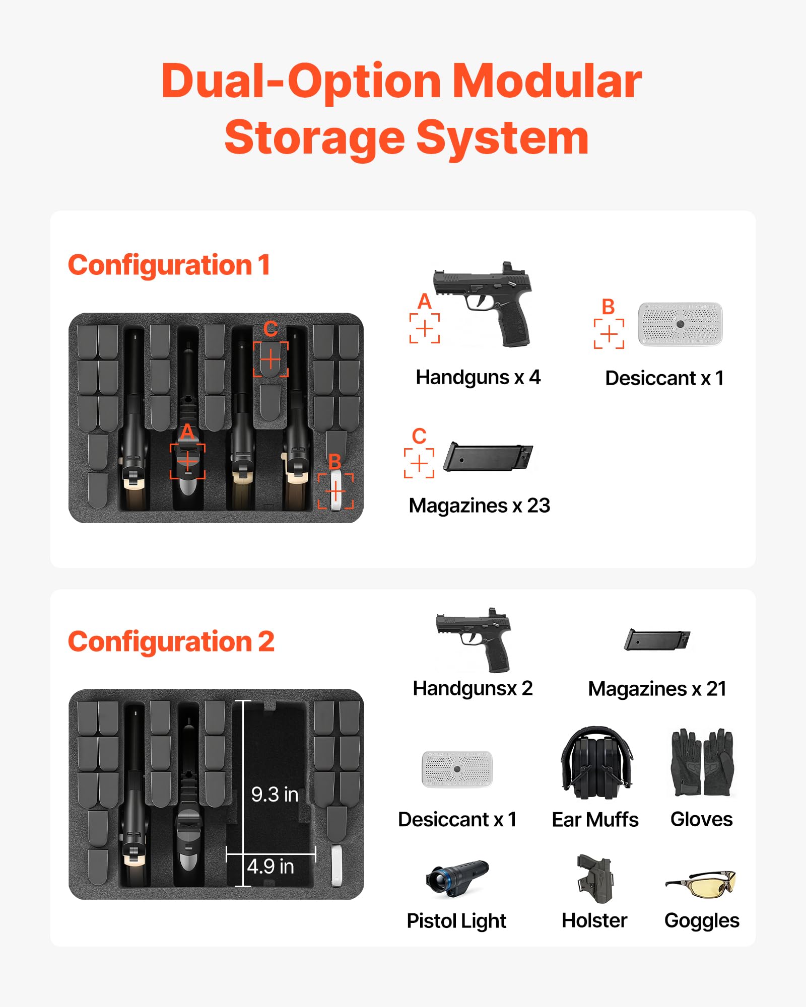 VEVOR Estuche Rígido para Pistola con Revestimiento de Espuma XPE, Funda para 4 Pistolas, Resistente al Agua y Polvo con Interior Personalizable y Asa 404 x 319 x 192 mm, Negro, Cumple con la TSA